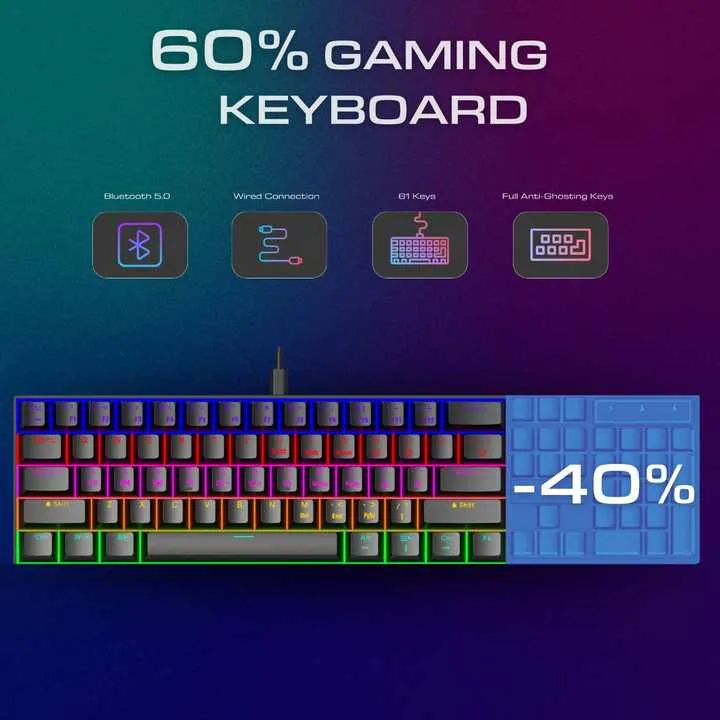 لوحة مفاتيح ميكانيكية 61 مفتاحًا 60 بالمائة بإضاءة . 61 Keys 60% Mechanical Keyboard with RGB LED Backlit