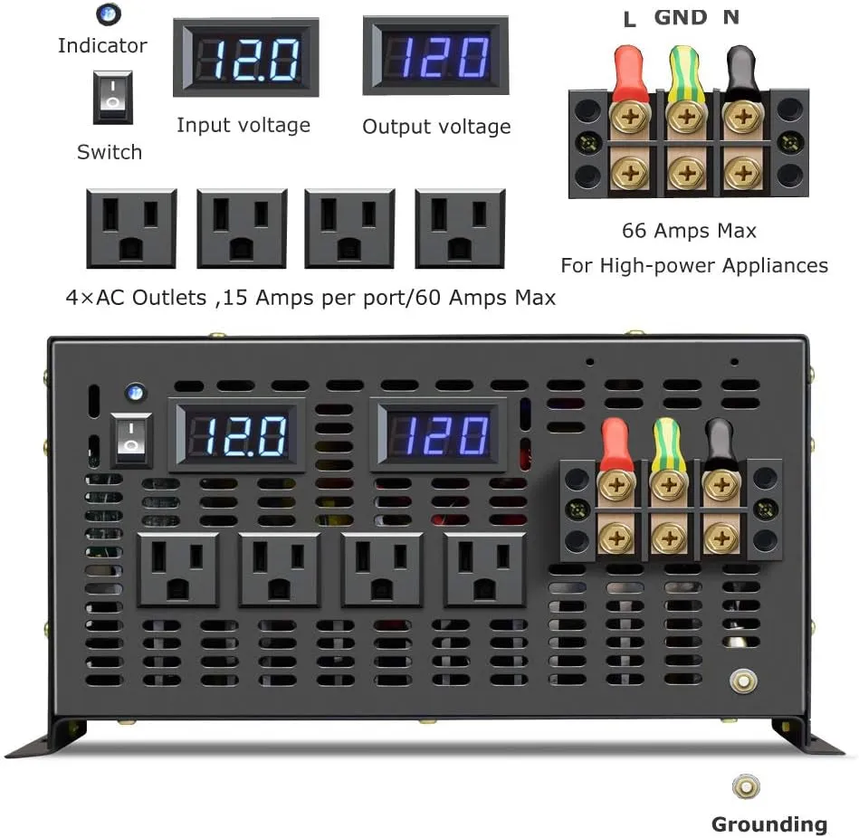 8000 Watt Max Continuous Power 16000 Watt Peak Heavy Duty Pure Sine Wave Inverter 12V DC  Wind Power Supply for Home Camping Van