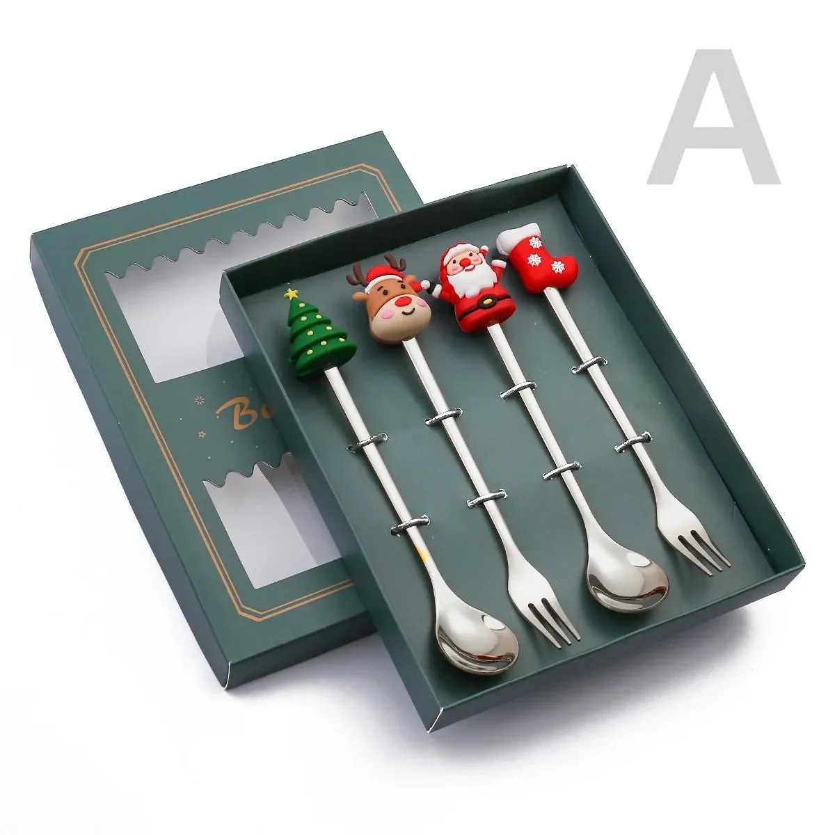 Christmas Gift Spoon Fork Set with Elk Tree Decoration