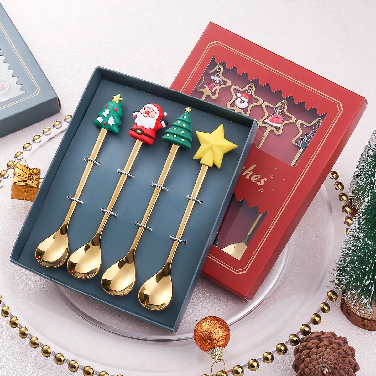 Christmas Gift Spoon Fork Set with Elk Tree Decoration