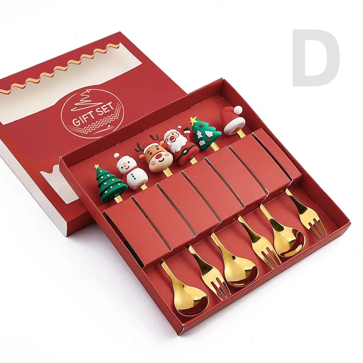 Christmas Gift Spoon Fork Set with Elk Tree Decoration