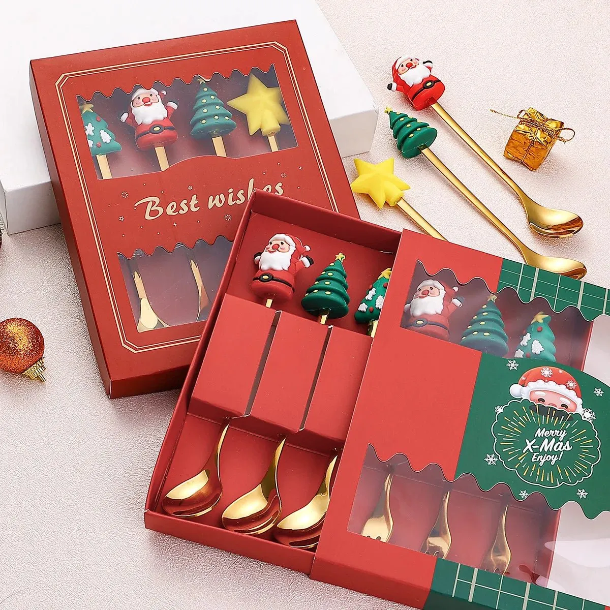 Christmas Gift Spoon Fork Set with Elk Tree Decoration