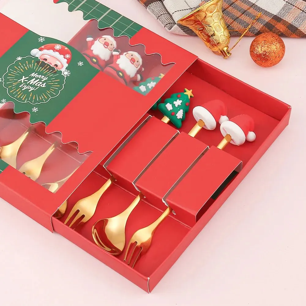 Christmas Gift Spoon Fork Set with Elk Tree Decoration
