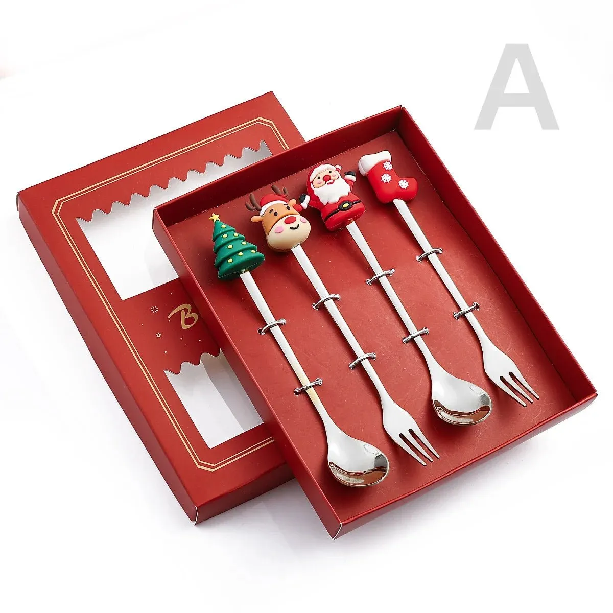 Christmas Gift Spoon Fork Set with Elk Tree Decoration