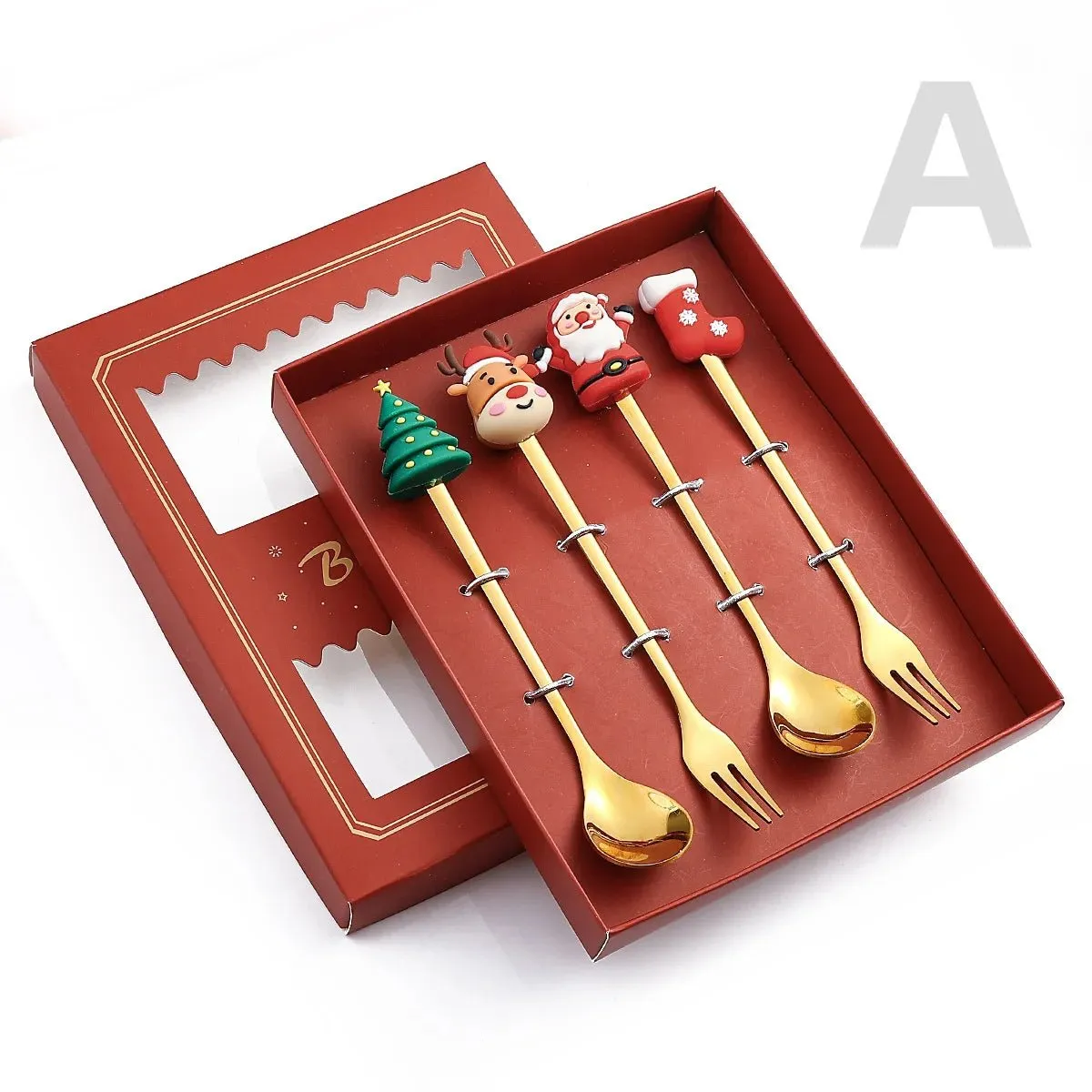 Christmas Gift Spoon Fork Set with Elk Tree Decoration