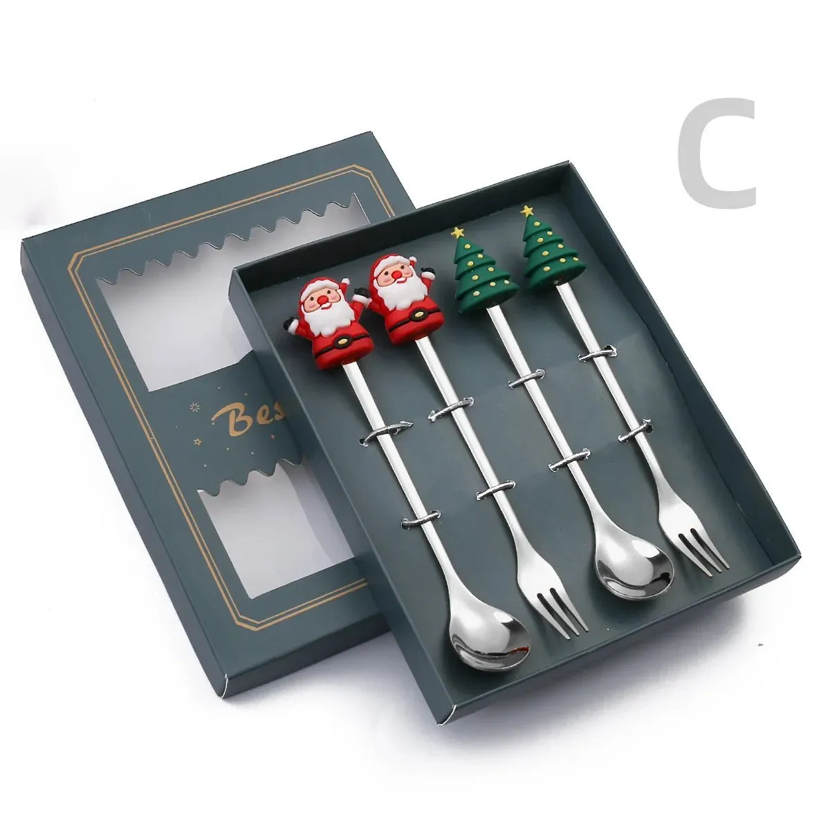 Christmas Gift Spoon Fork Set with Elk Tree Decoration
