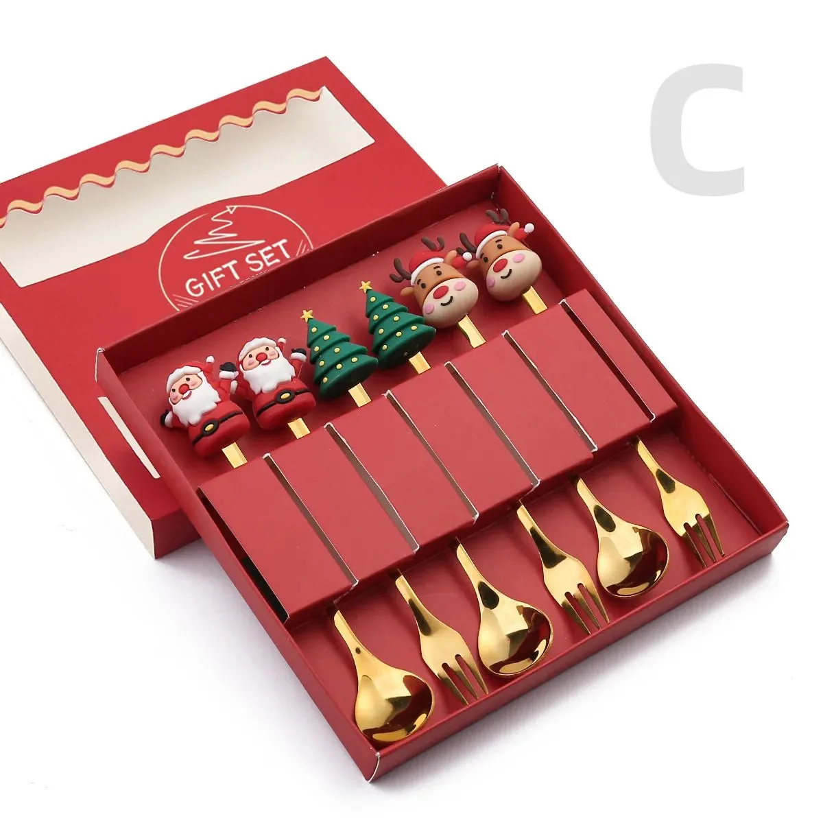 Christmas Gift Spoon Fork Set with Elk Tree Decoration