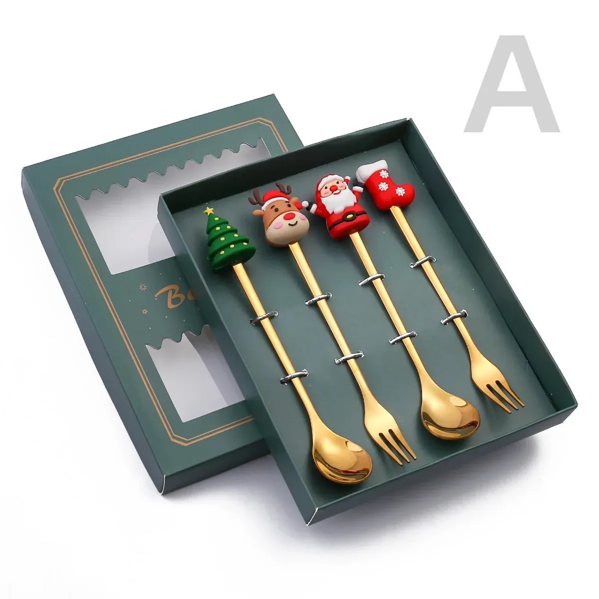 Christmas Gift Spoon Fork Set with Elk Tree Decoration