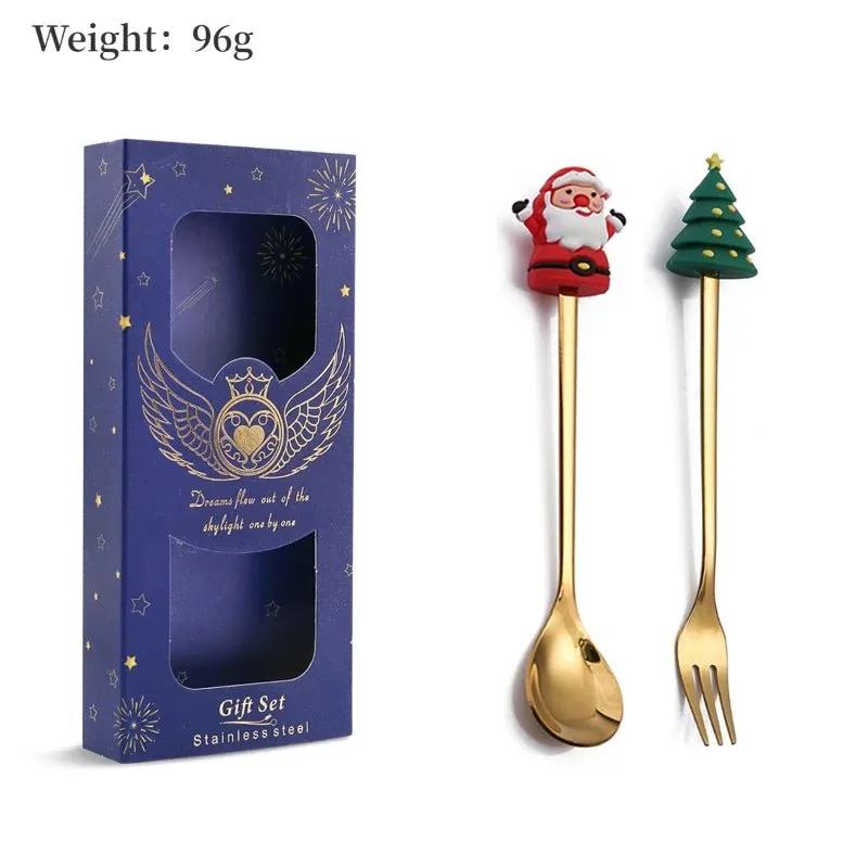 Christmas Gift Spoon Fork Set with Elk Tree Decoration