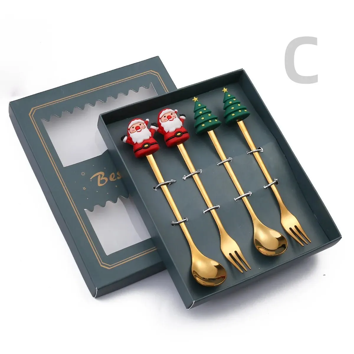 Christmas Gift Spoon Fork Set with Elk Tree Decoration