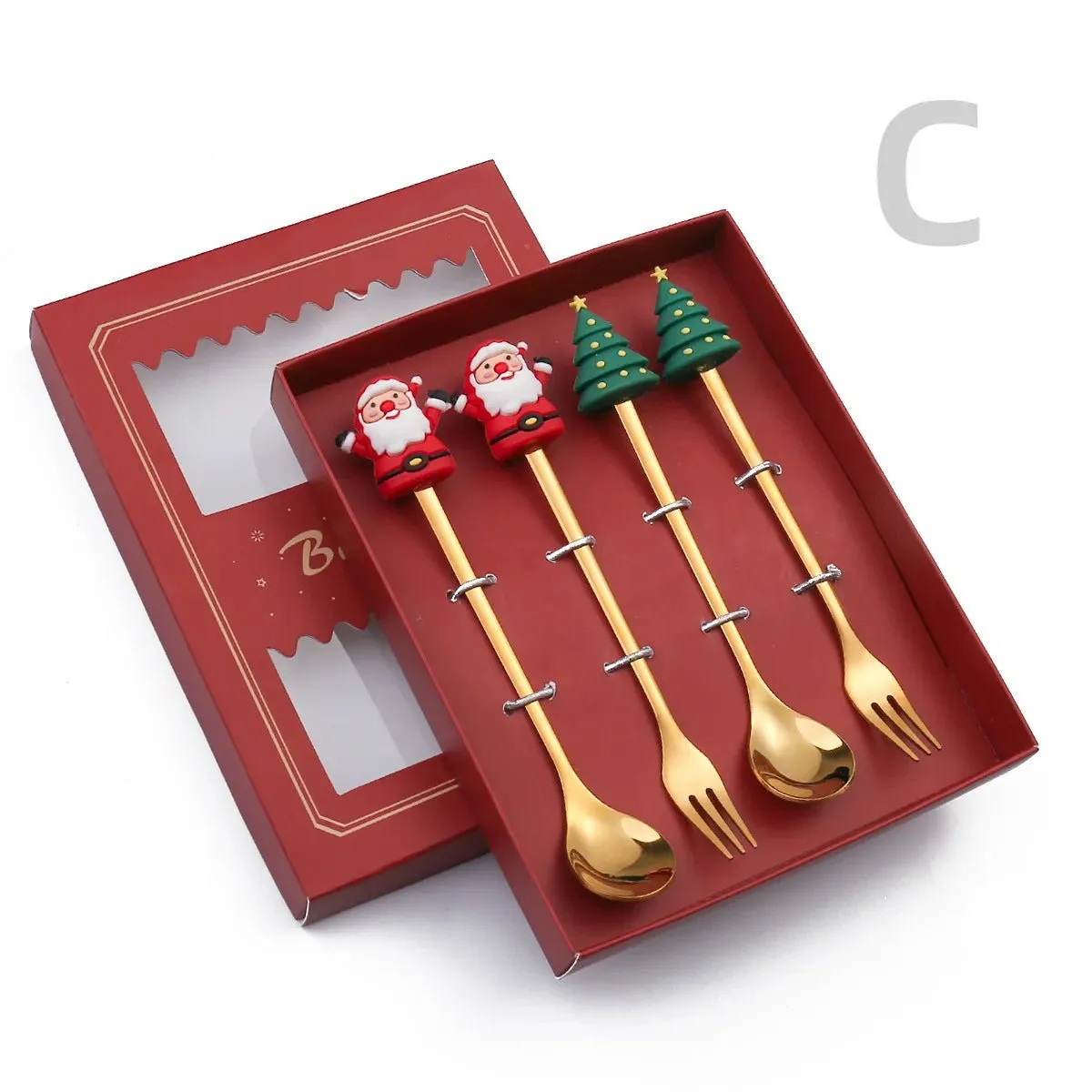 Christmas Gift Spoon Fork Set with Elk Tree Decoration