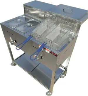 Deep Fryer Cart with 30 Lb 3.5 Gallon Single Tank (Double Baskets) - 2 Container Pan Steam Table - Serving Shelf - Outdoor Propane Only -