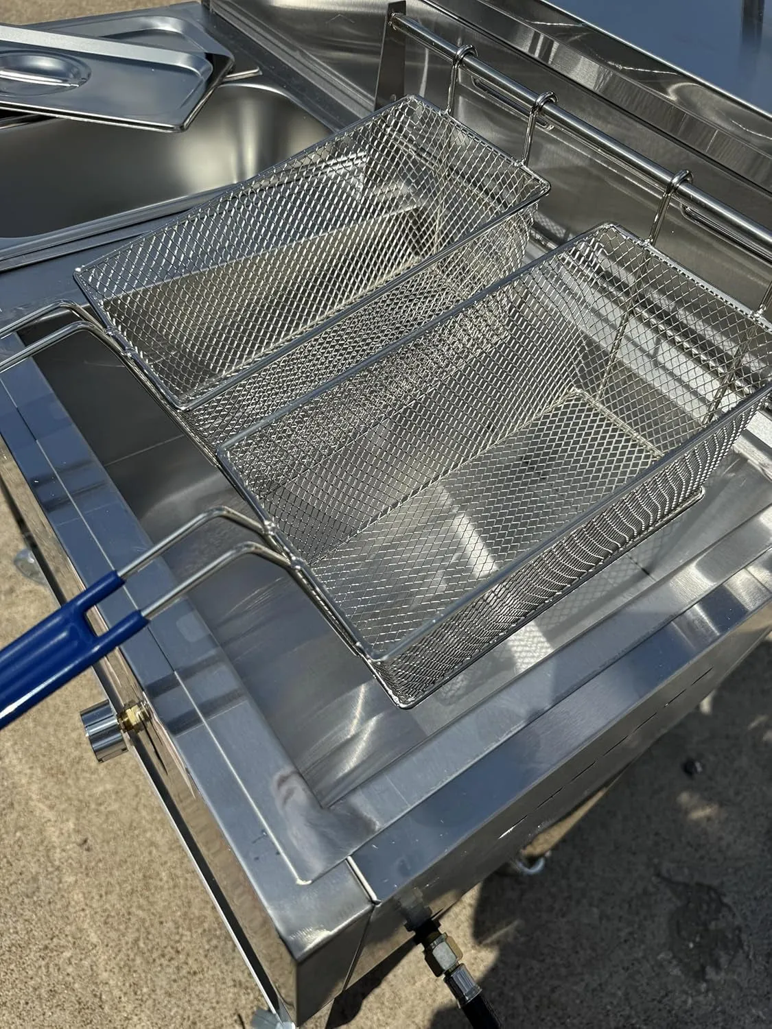 Deep Fryer Cart with 30 Lb 3.5 Gallon Single Tank (Double Baskets) - 2 Container Pan Steam Table - Serving Shelf - Outdoor Propane Only -