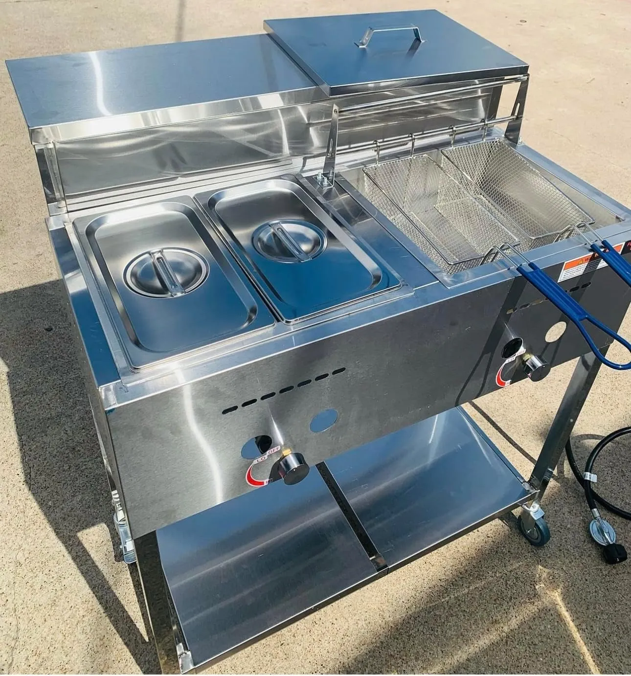 Deep Fryer Cart with 30 Lb 3.5 Gallon Single Tank (Double Baskets) - 2 Container Pan Steam Table - Serving Shelf - Outdoor Propane Only -