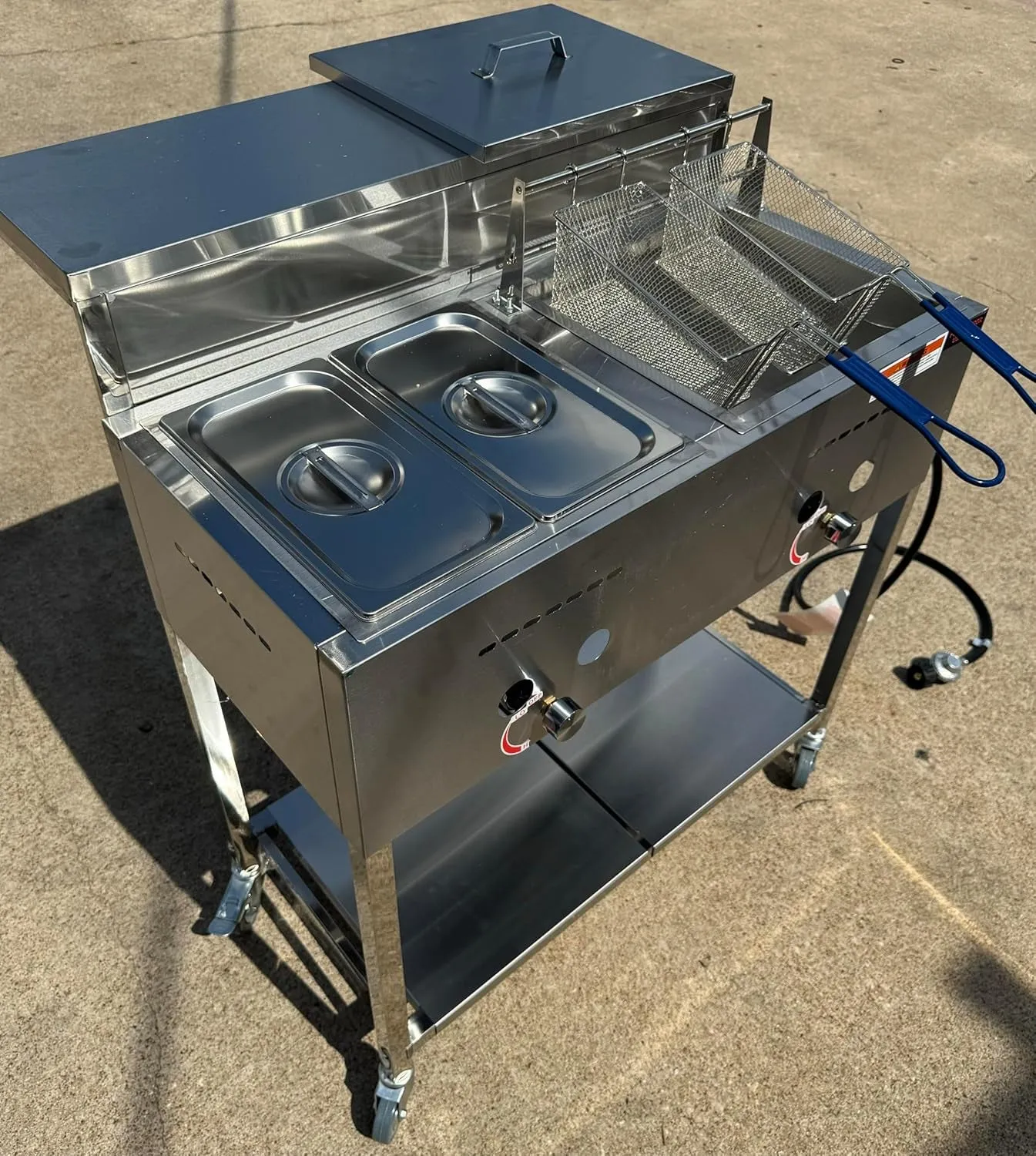 Deep Fryer Cart with 30 Lb 3.5 Gallon Single Tank (Double Baskets) - 2 Container Pan Steam Table - Serving Shelf - Outdoor Propane Only -