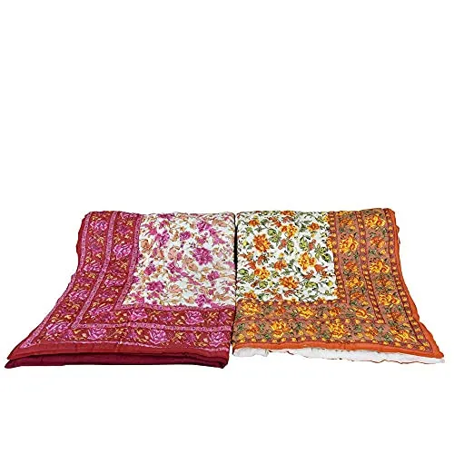 fashhub Jaipuri Lightweight Pure Cotton Traditional Rajasthani Print Quilt | Rajai/Razai | Garden Flower Beige and Pink | Single Bed Set of 2