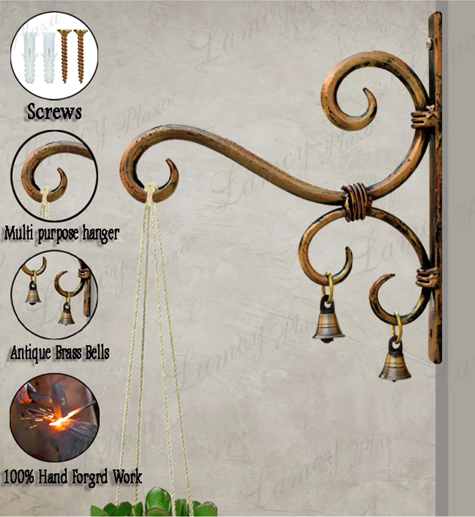Lamcy Plaza Hand Forged Metal Antique Golden Wall Bracket for Hanging | Planter | Wind Chime | Tea Light Holder | Indoor | Outdoor | Each Size L7.5 X W1 X H8 Inches | Pack of 2