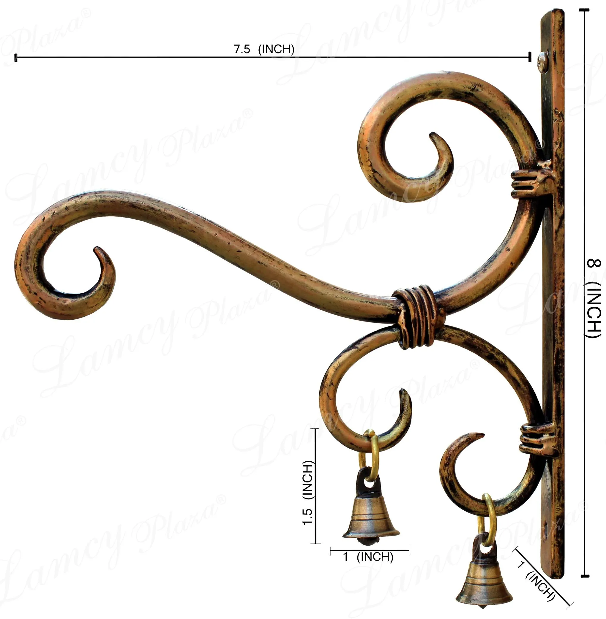 Lamcy Plaza Hand Forged Metal Antique Golden Wall Bracket for Hanging | Planter | Wind Chime | Tea Light Holder | Indoor | Outdoor | Each Size L7.5 X W1 X H8 Inches | Pack of 2