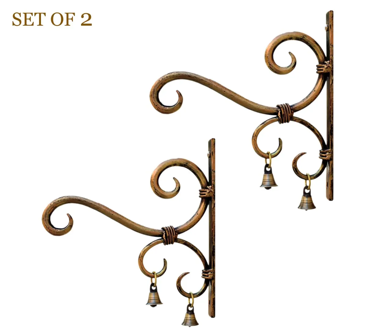 Lamcy Plaza Hand Forged Metal Antique Golden Wall Bracket for Hanging | Planter | Wind Chime | Tea Light Holder | Indoor | Outdoor | Each Size L7.5 X W1 X H8 Inches | Pack of 2