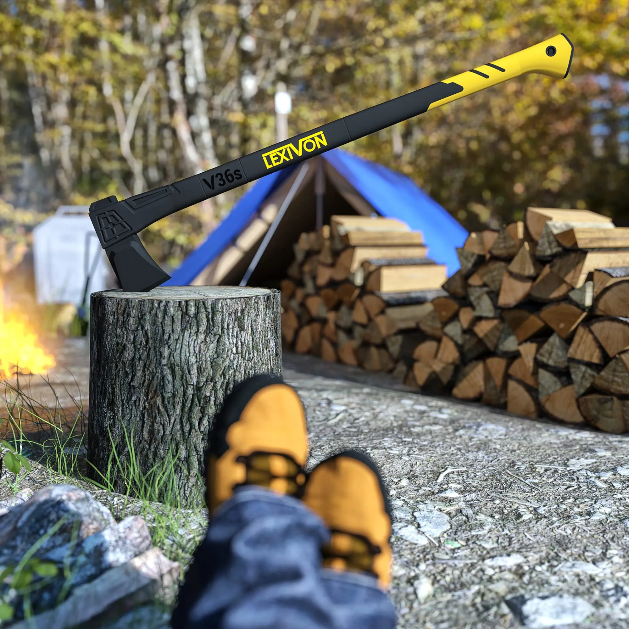 LEXIVON Wood Splitting Axe, Hatchet for Camping 36" - Ideal for Chopping, Tree-Felling and Firewood | Grade-A Carbon Steel, Fiberglass Handle & Ergonomic Grip | Protective Sheath Included (LX-V36S)