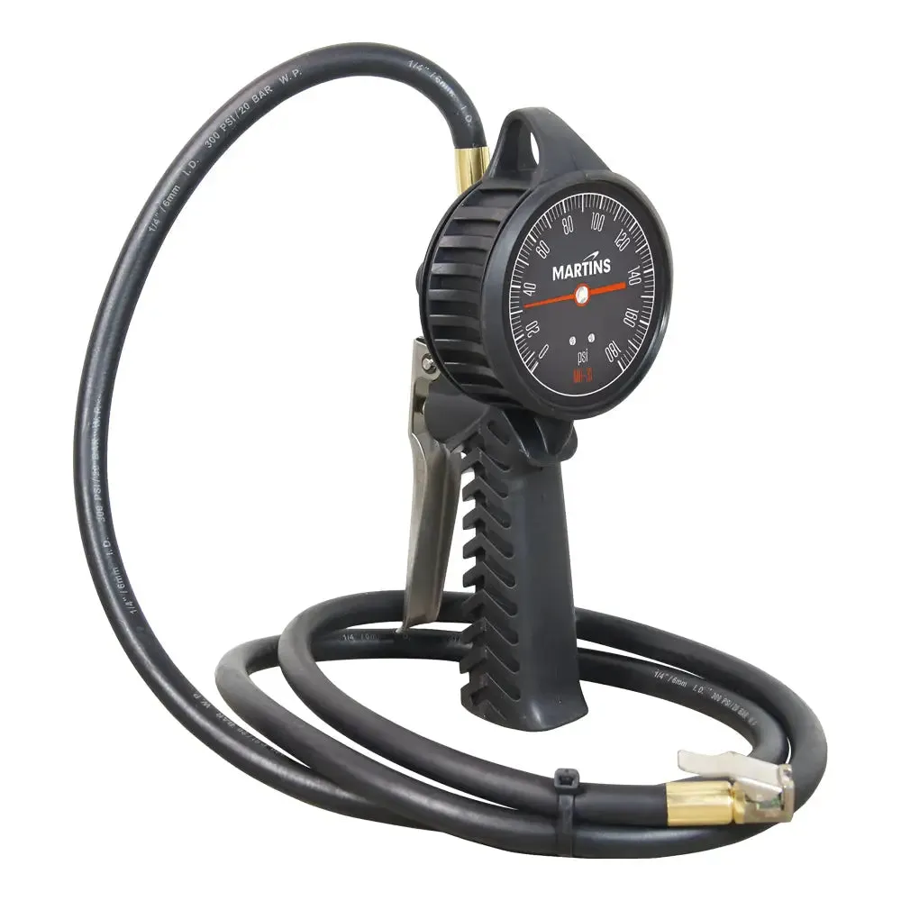 Martins MH-31 Dial Gauge Tire Inflator, Flate Mate, 6ft, 174 PSI, Clip-On