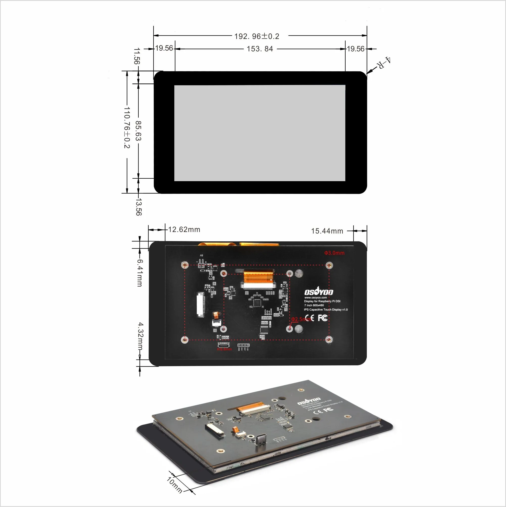 OSOYOO 7inch DSI LCD Touch Screen IPS Display Capacitive Monitor for Raspberry Pi 5/4B/3B /3A /Compute Module 4 (CM4)/Compute Module 3  (CM3 )