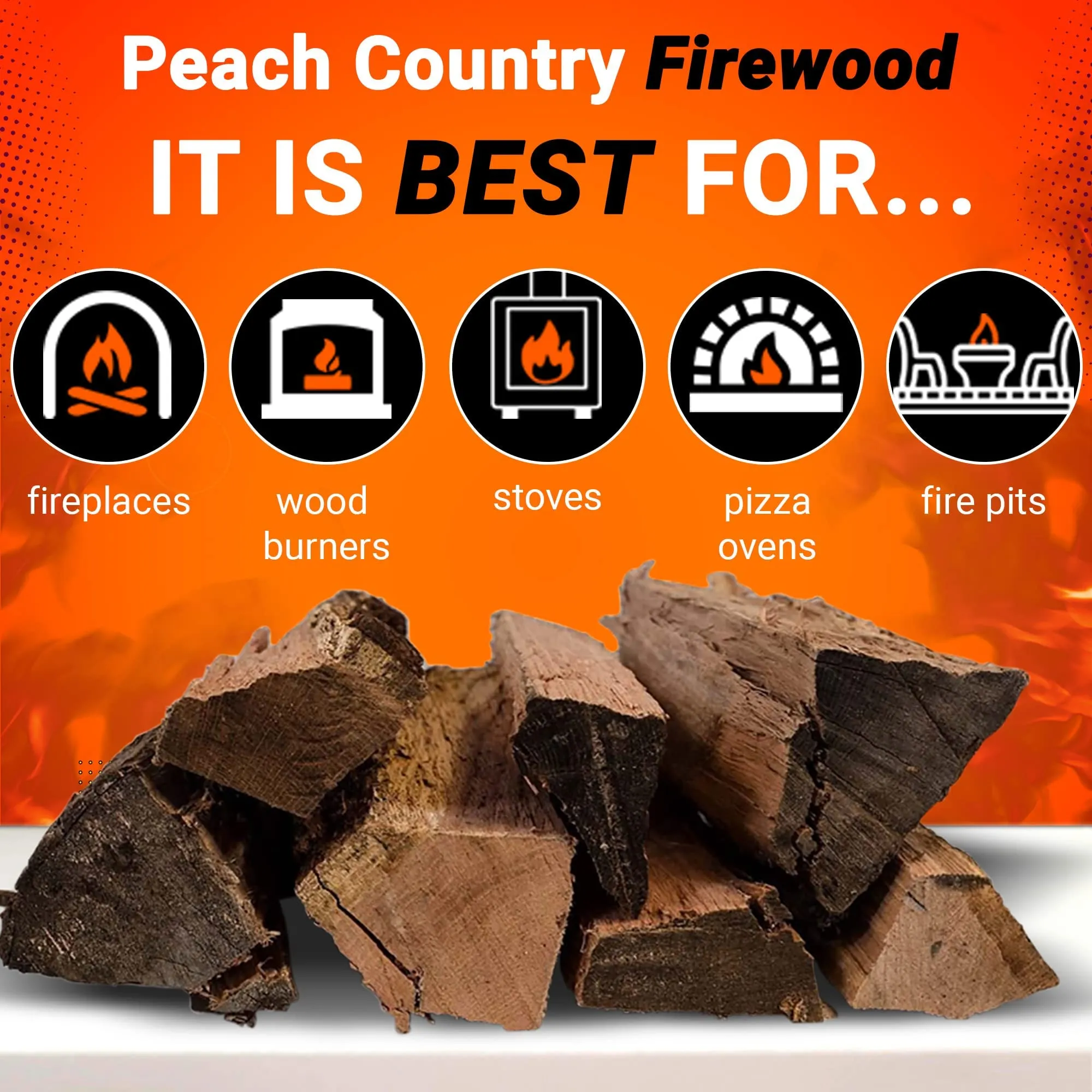 Seasoned Firewood by Home and Country USA. Hardwood, Kiln Dried firewood for Outdoor fire pits, Wood Burning stoves, and Campfires.