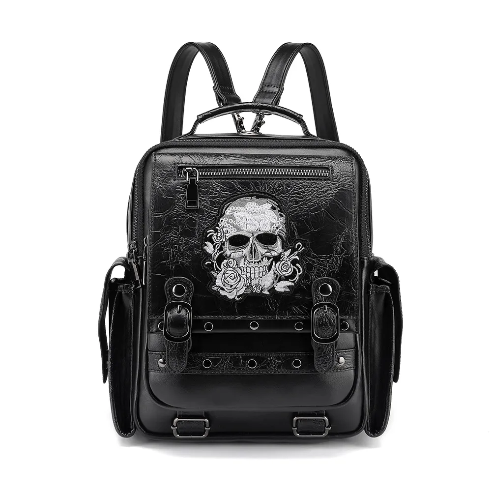 Steampunk Skull Head Rose Embroidered Backpack / Durable Large Capacity Rucksack